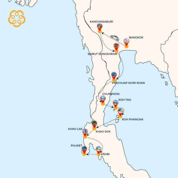 map tour Central and Southern Thailand 15 days