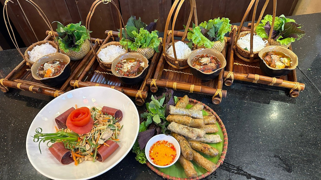Northern Vietnamese dishes include bun cha, fried spring rolls and banana flower salad.