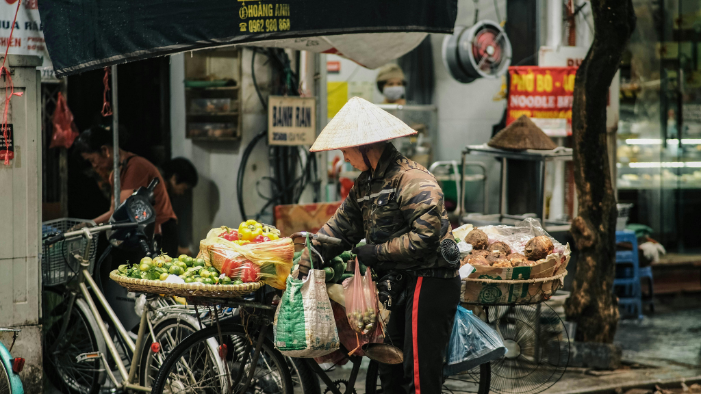 Bicycle street vendor in Hanoi carrying fruits and local products