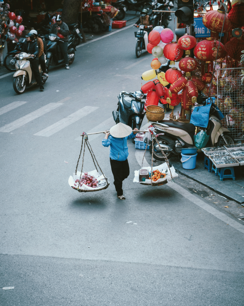 Street vendors in Hanoi’s streets today showing everyday local life