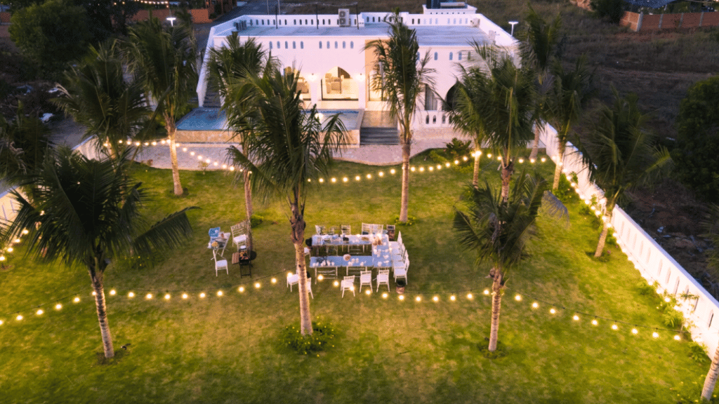 Group enjoying outdoor space at a private villa in Vietnam