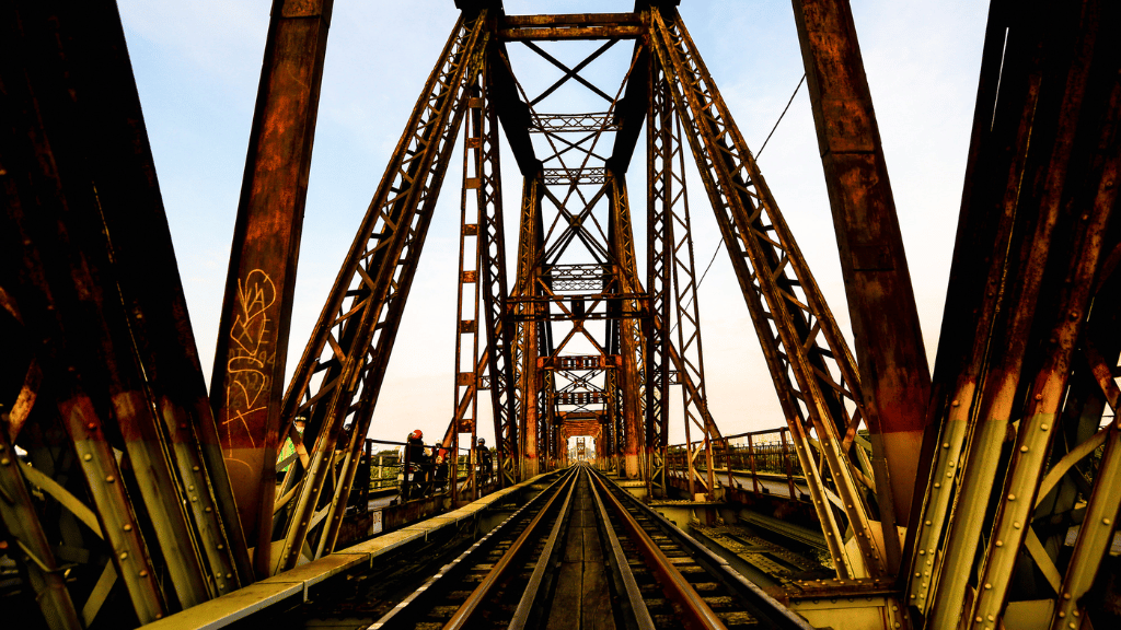 Steel architecture of Long Bien Bridge over the Red River