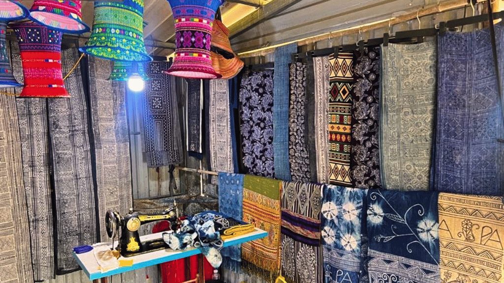 Hmong linen products dyed with indigo and decorated with beeswax designs in Sapa