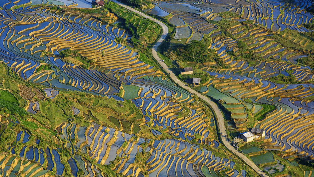 Scenic view of Y Ty’s terraced hills and mountain valleys